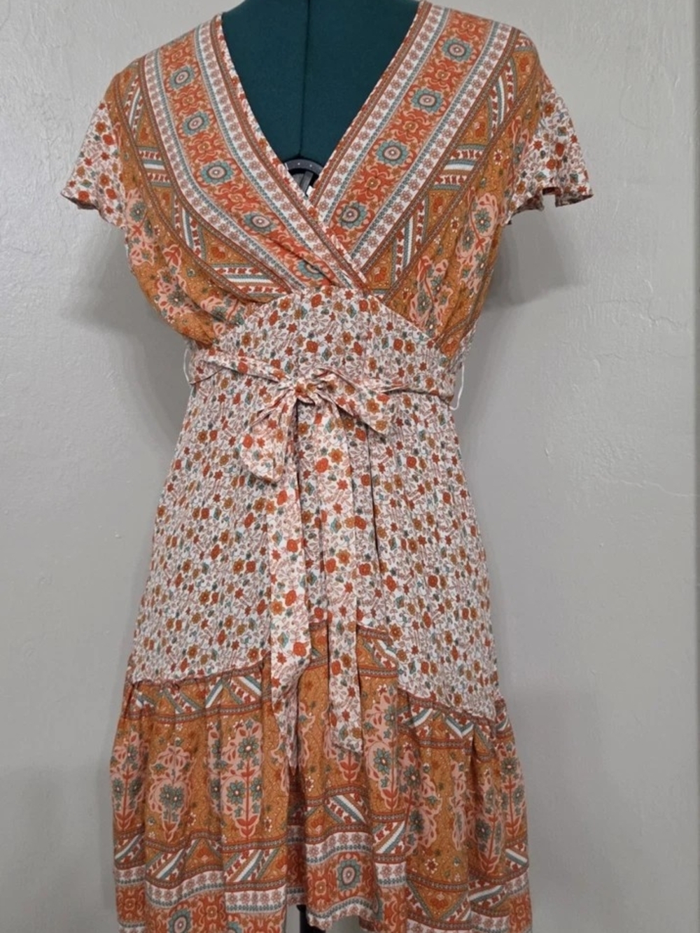 BloomChic Rust Floral Self Tie Dress with Sage Accents